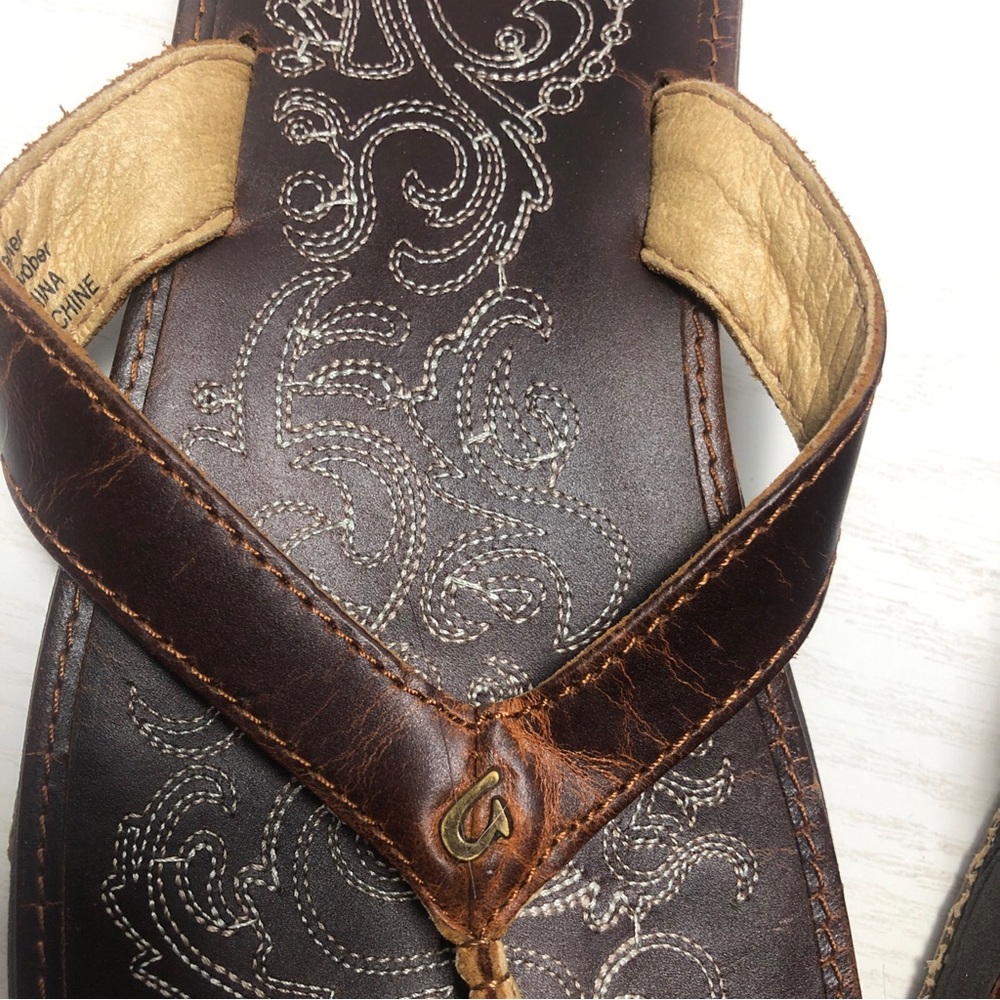 Olukai Paniolo Shoes Womens Size 7 Brown Leather Flip Flop Sandals Embroidered - Picture 6 of 7